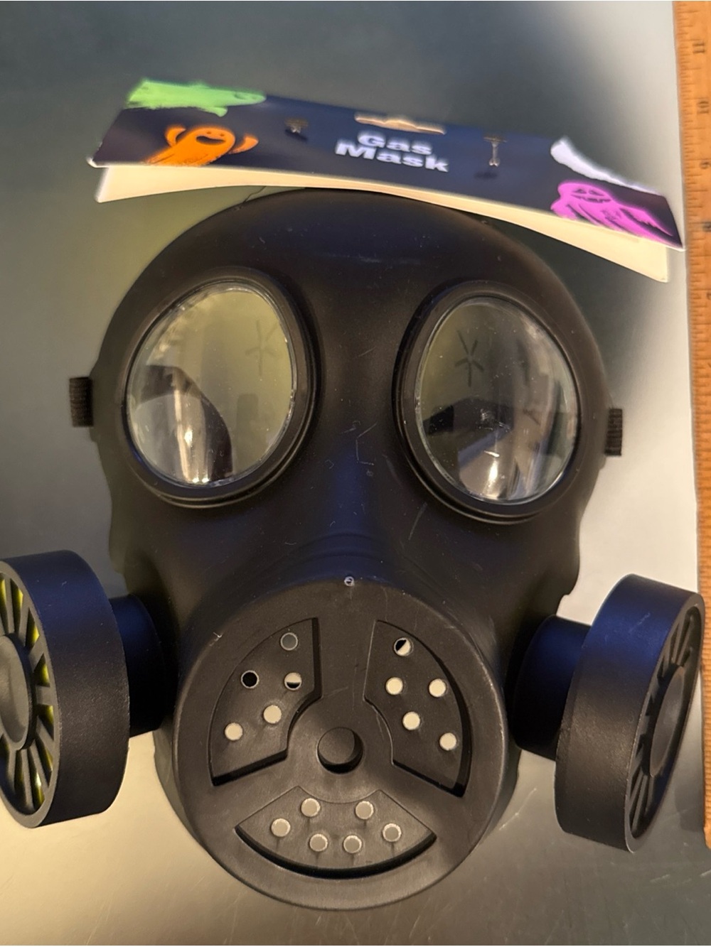 Black Plastic Full Face Gas Mask Costume Adjustable Strap Blue Lenses One Size